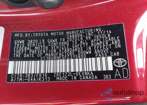 2015 Toyota Corolla Le from USA, damaged, VIN 2T1BURHE5FC315800